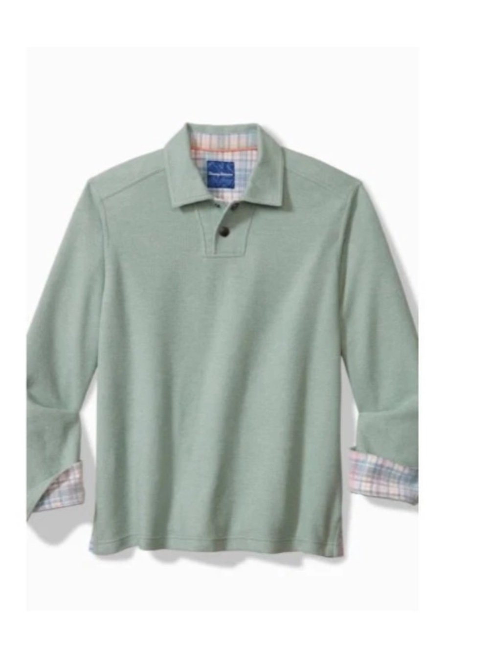 NWOT Tommy Bahama Sage Green Long Sleeve Polo with Plaid Collar/Cuffs So Comfy